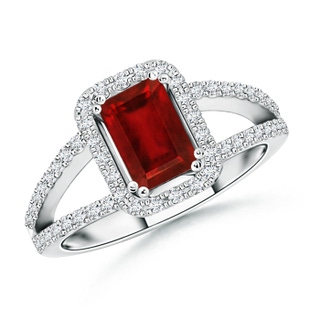 7x5mm AAAA Split Shank Ruby Halo Ring with Diamond Accents in White Gold