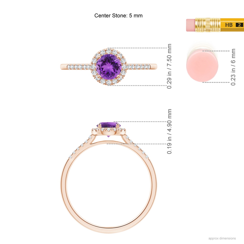 5mm AAA Round Amethyst Halo Ring with Diamond Accents in Rose Gold Ruler