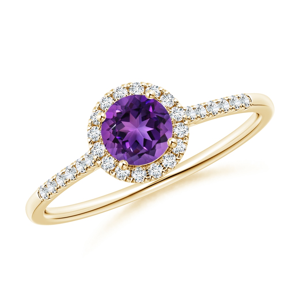 5mm AAAA Round Amethyst Halo Ring with Diamond Accents in Yellow Gold