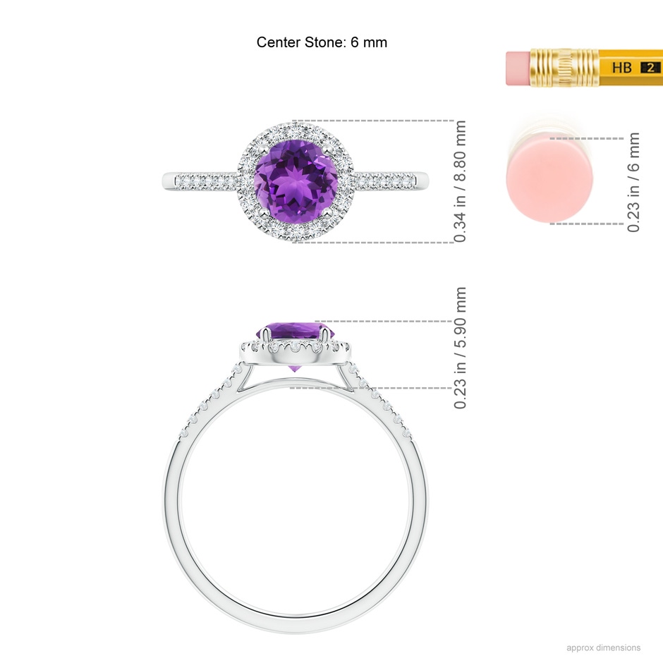 6mm AAA Round Amethyst Halo Ring with Diamond Accents in White Gold ruler