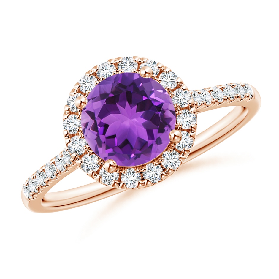 7mm AAA Round Amethyst Halo Ring with Diamond Accents in Rose Gold 