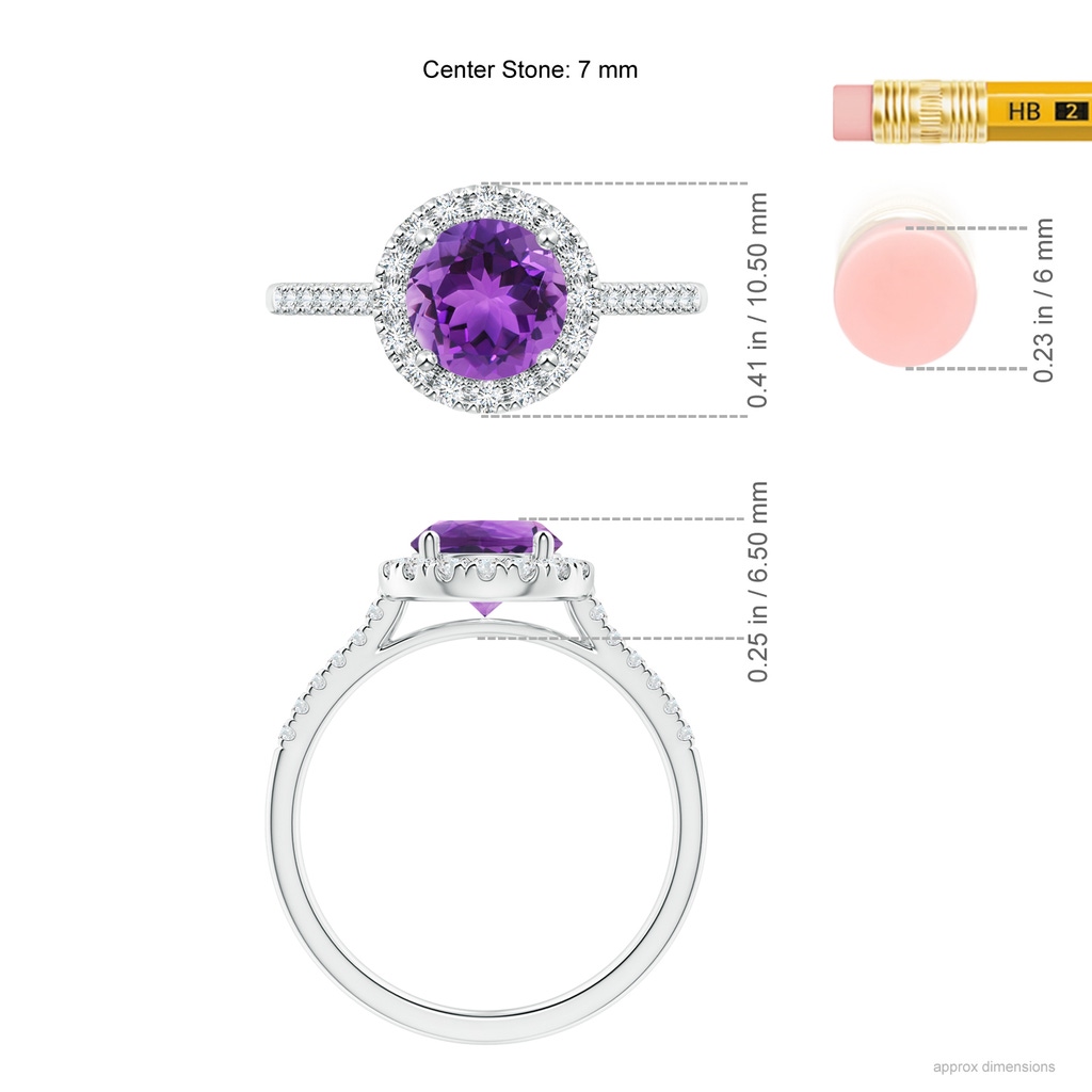 7mm AAA Round Amethyst Halo Ring with Diamond Accents in White Gold Ruler