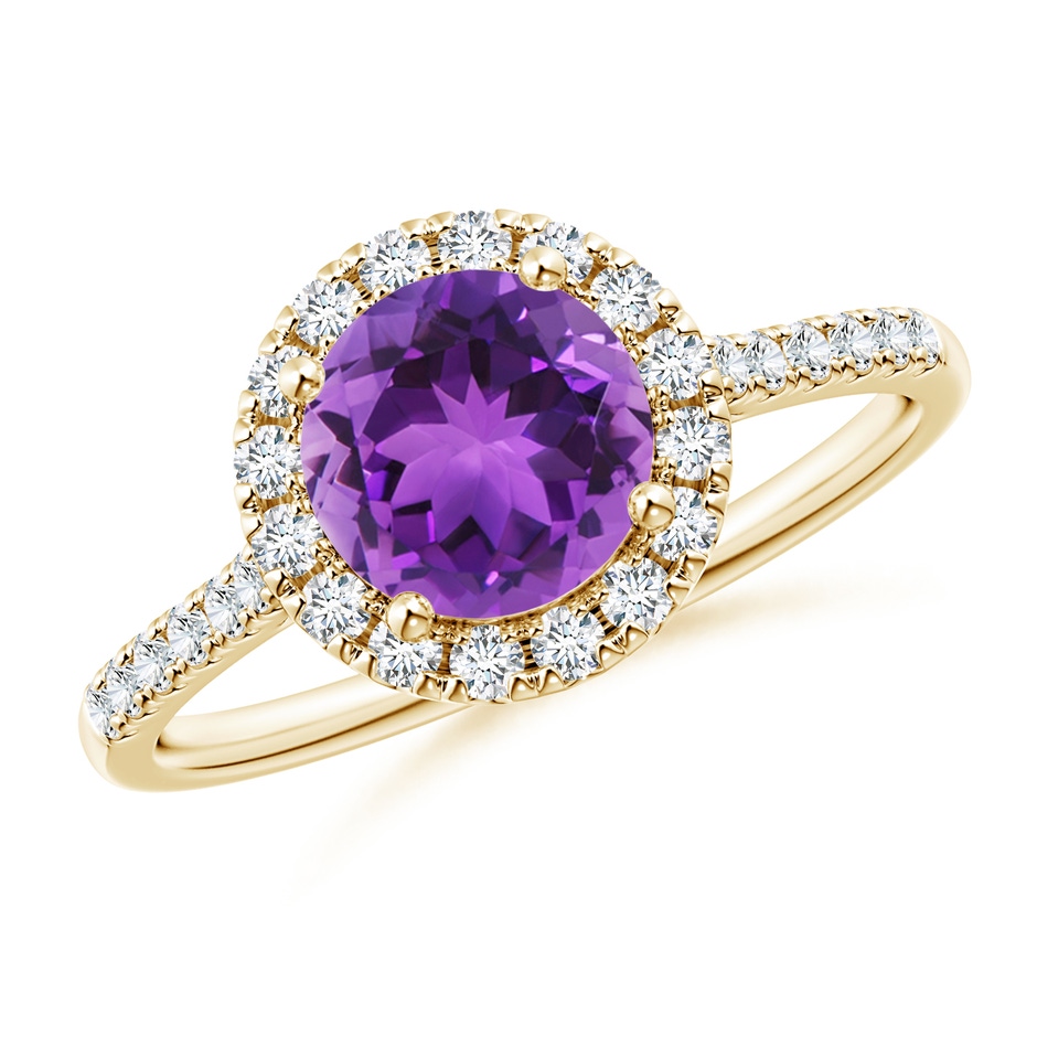 7mm AAA Round Amethyst Halo Ring with Diamond Accents in Yellow Gold 