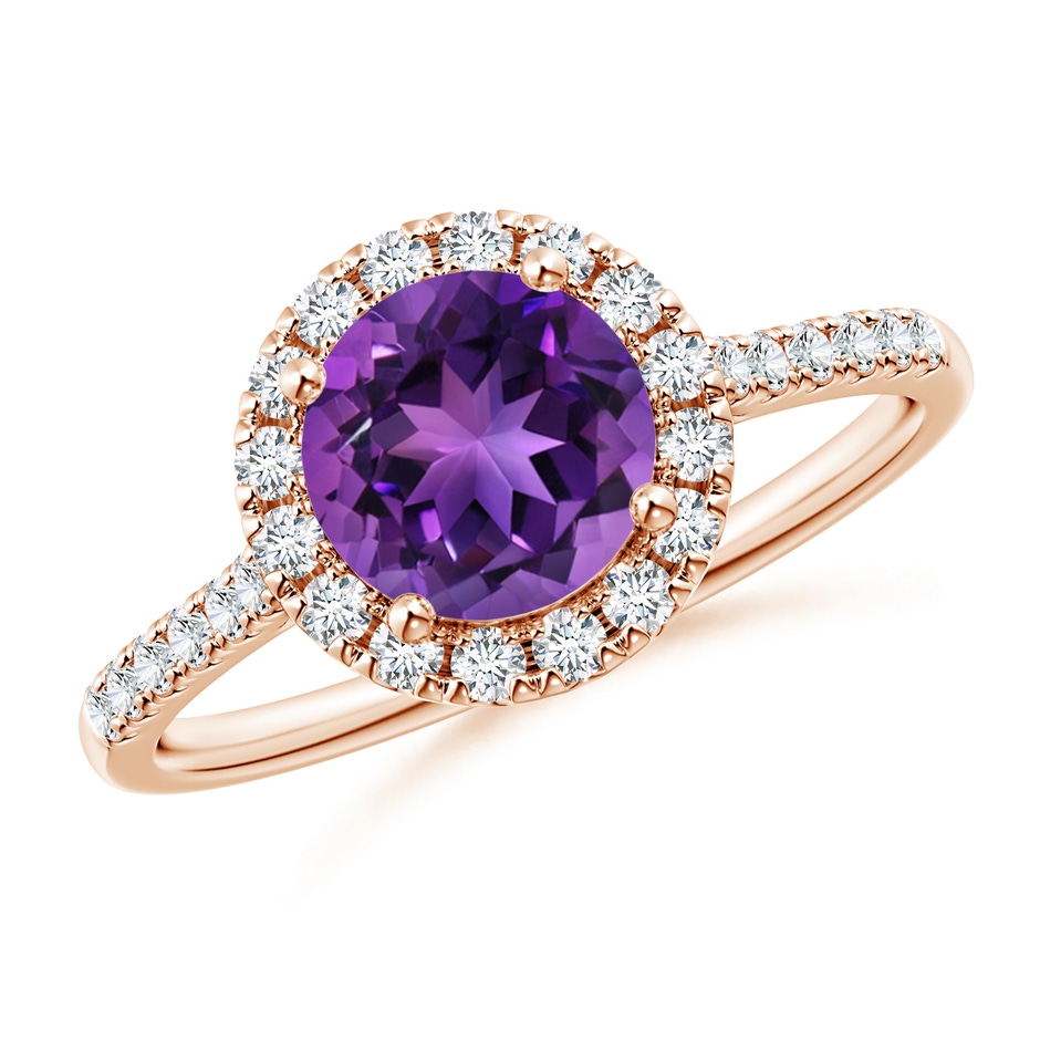 7mm AAAA Round Amethyst Halo Ring with Diamond Accents in Rose Gold 