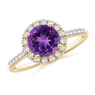 7mm AAAA Round Amethyst Halo Ring with Diamond Accents in Yellow Gold