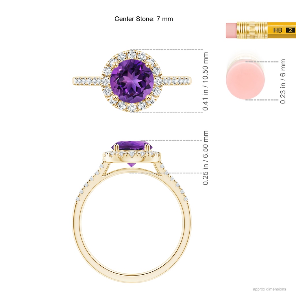7mm AAAA Round Amethyst Halo Ring with Diamond Accents in Yellow Gold Ruler