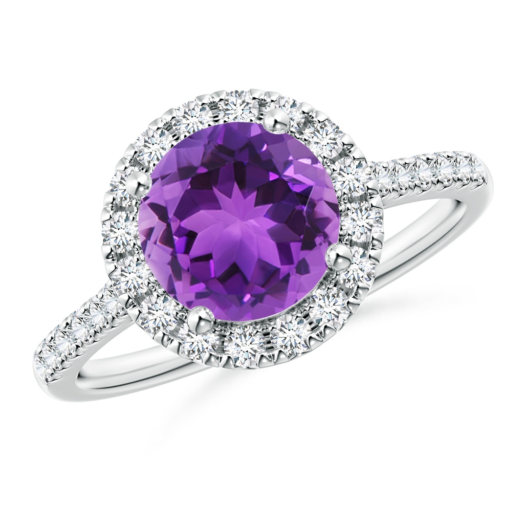 8mm AAA Round Amethyst Halo Ring with Diamond Accents in White Gold
