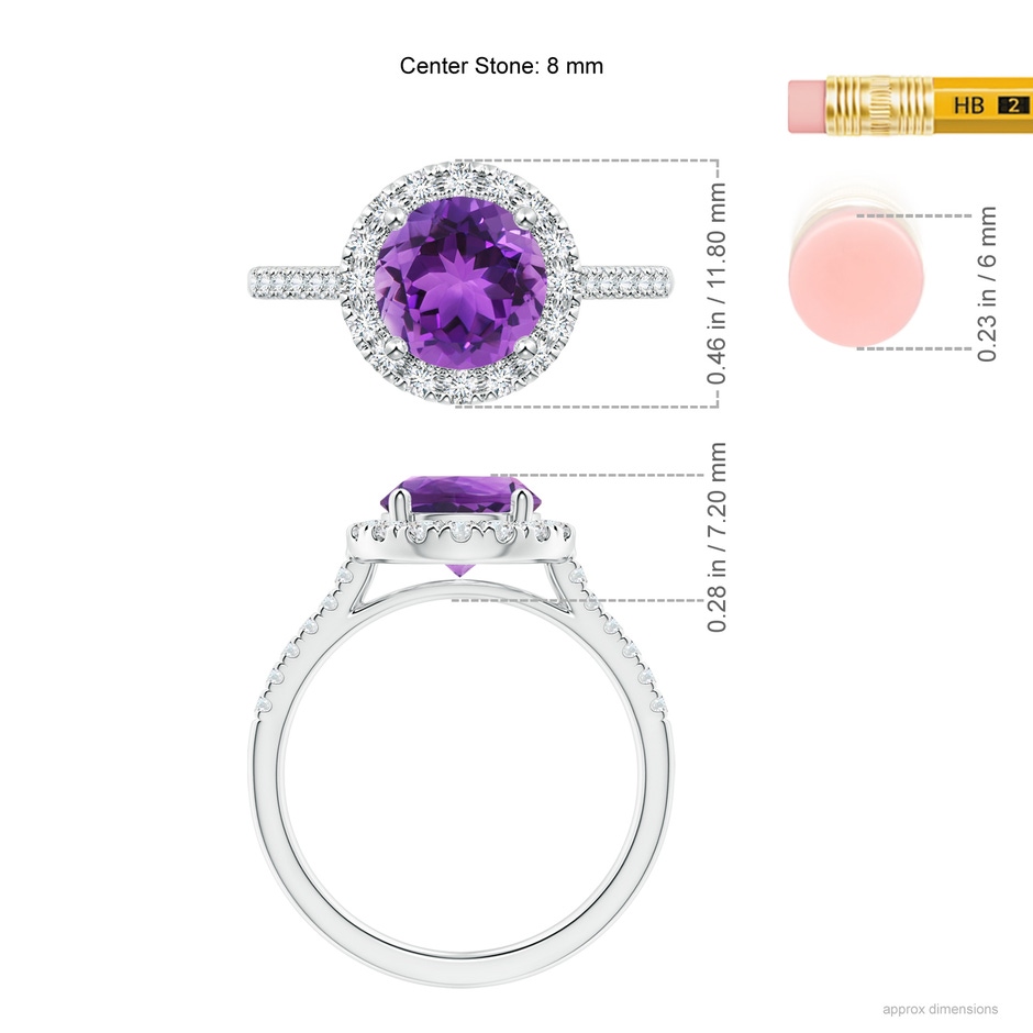 8mm AAA Round Amethyst Halo Ring with Diamond Accents in White Gold ruler