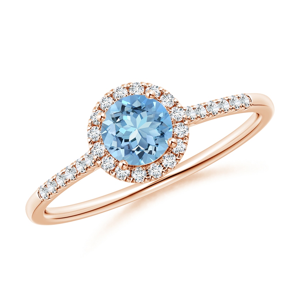 5mm AAAA Round Aquamarine Halo Ring with Diamond Accents in Rose Gold