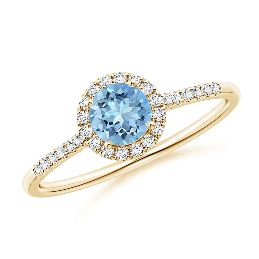 5mm AAAA Round Aquamarine Halo Ring with Diamond Accents in Yellow Gold