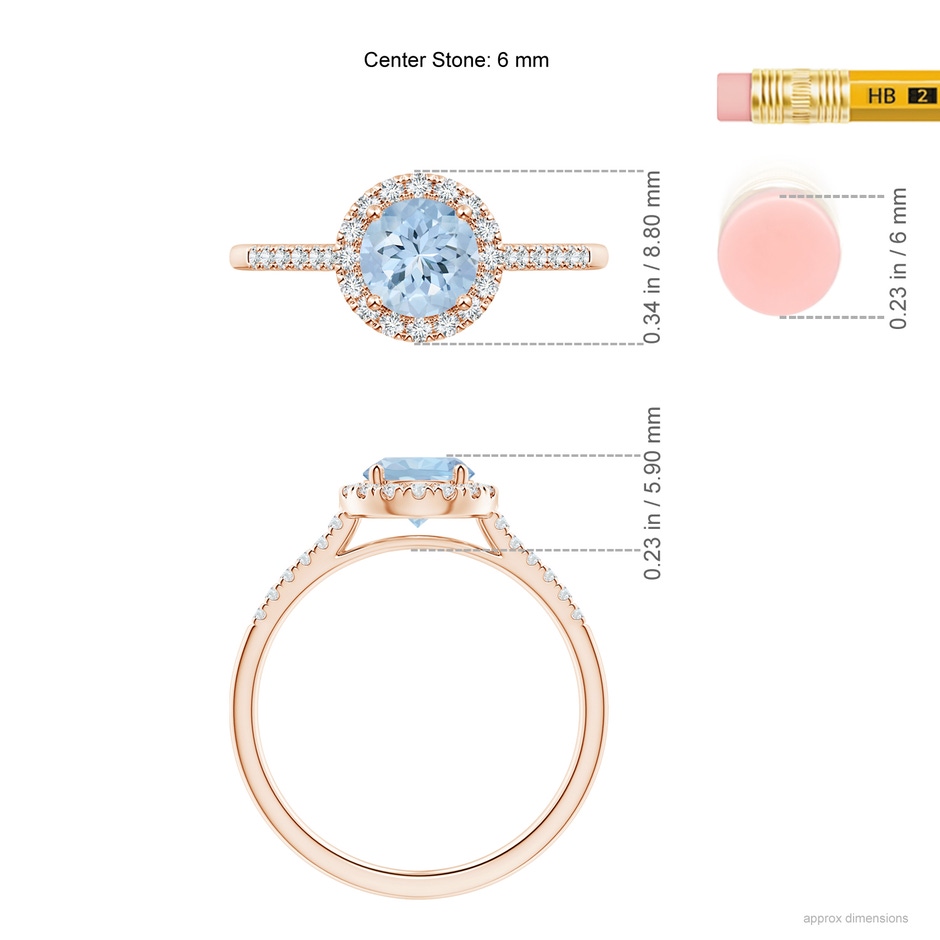 6mm AA Round Aquamarine Halo Ring with Diamond Accents in Rose Gold ruler