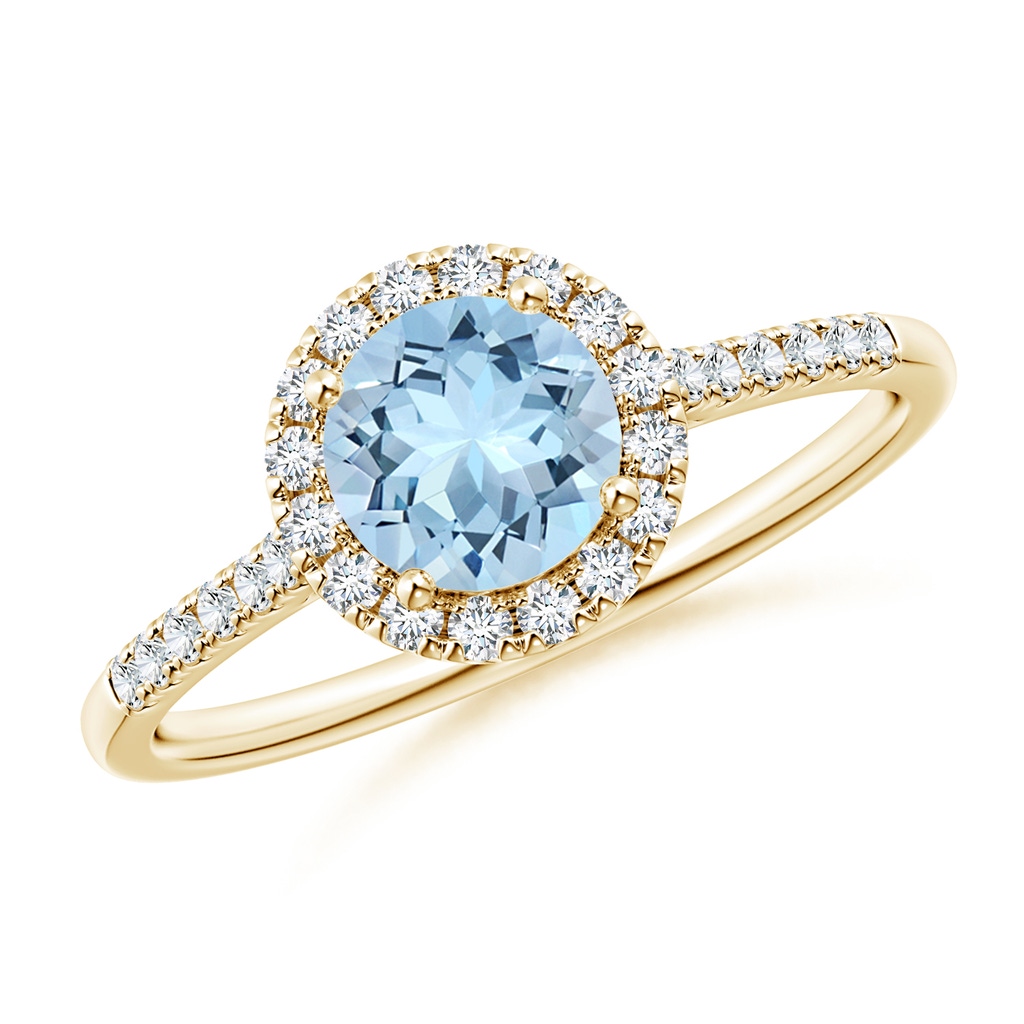 6mm AAA Round Aquamarine Halo Ring with Diamond Accents in Yellow Gold