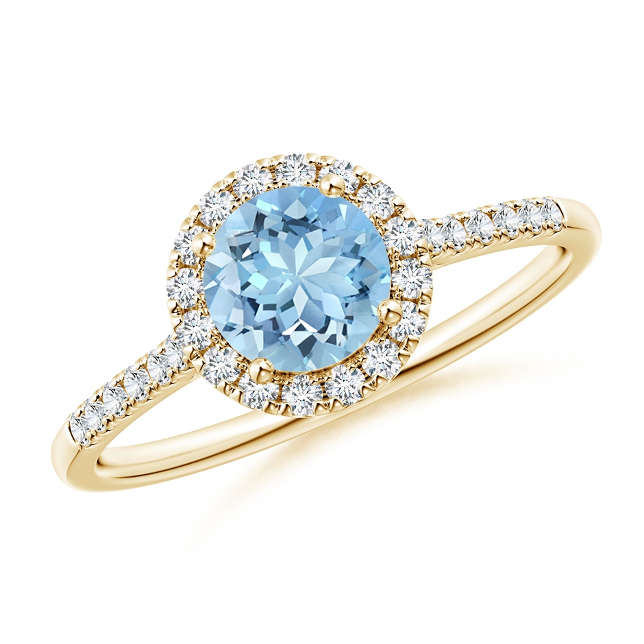 6mm AAAA Round Aquamarine Halo Ring with Diamond Accents in Yellow Gold 