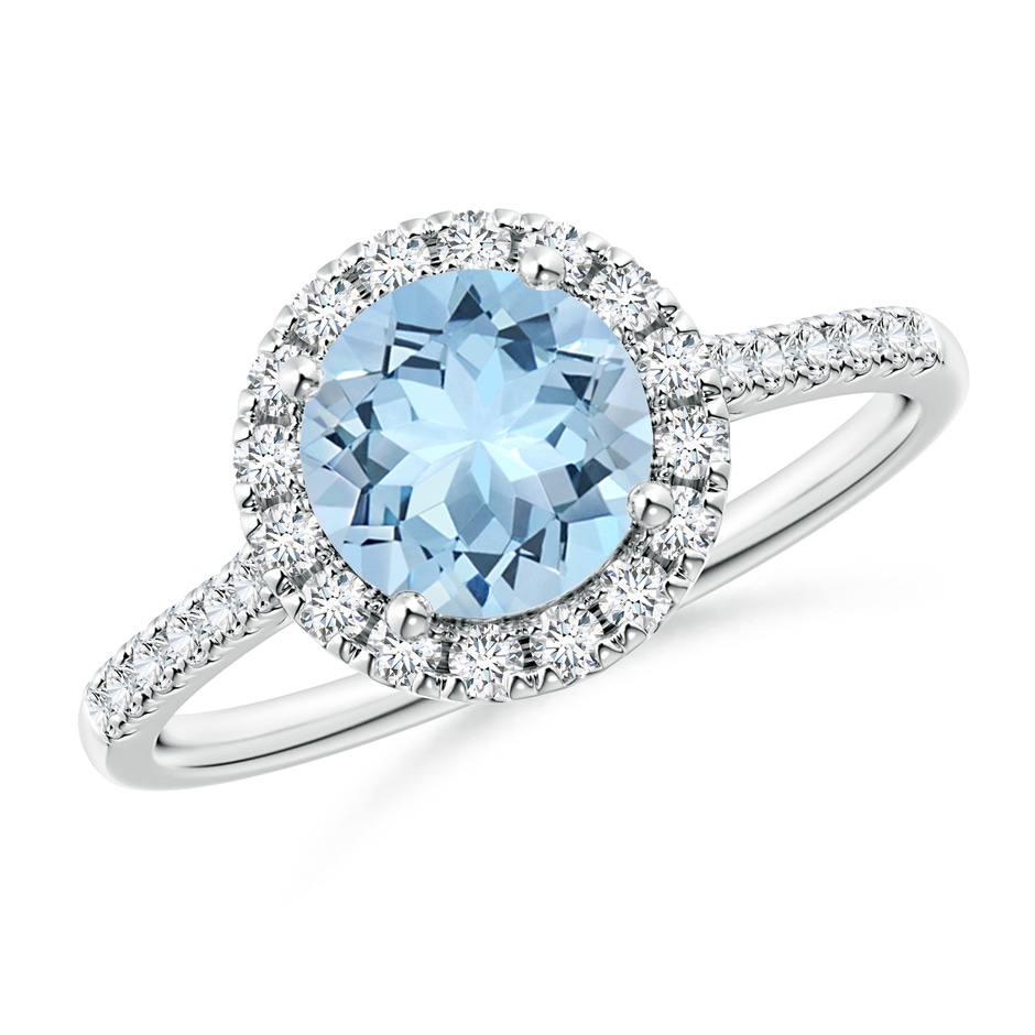 7mm AAA Round Aquamarine Halo Ring with Diamond Accents in White Gold 