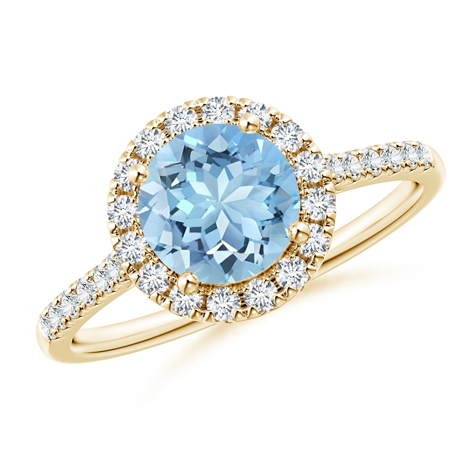 7mm AAAA Round Aquamarine Halo Ring with Diamond Accents in Yellow Gold 
