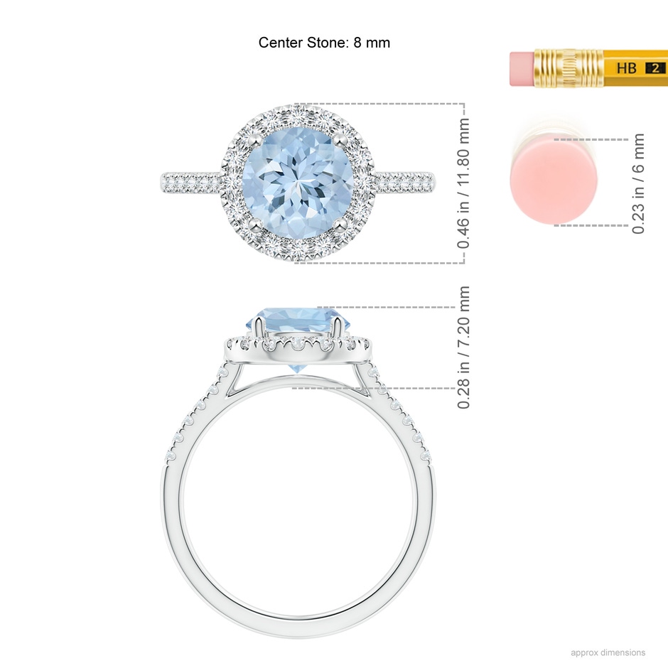 8mm AA Round Aquamarine Halo Ring with Diamond Accents in White Gold ruler