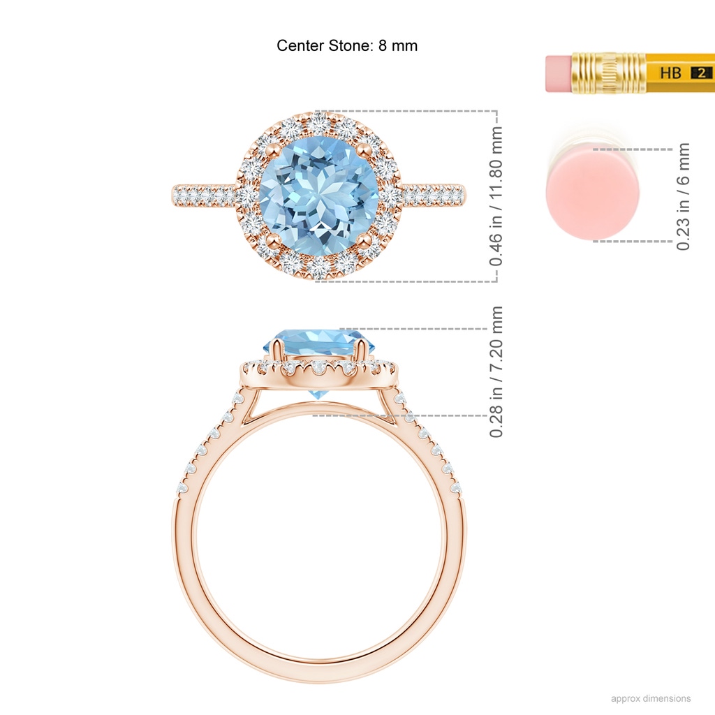 8mm AAAA Round Aquamarine Halo Ring with Diamond Accents in Rose Gold Ruler