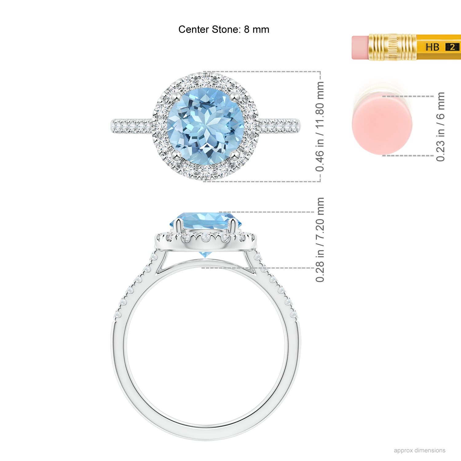 8mm AAAA Round Aquamarine Halo Ring with Diamond Accents in White Gold - ruler