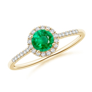 5mm AAA Round Emerald Halo Ring with Diamond Accents in Yellow Gold