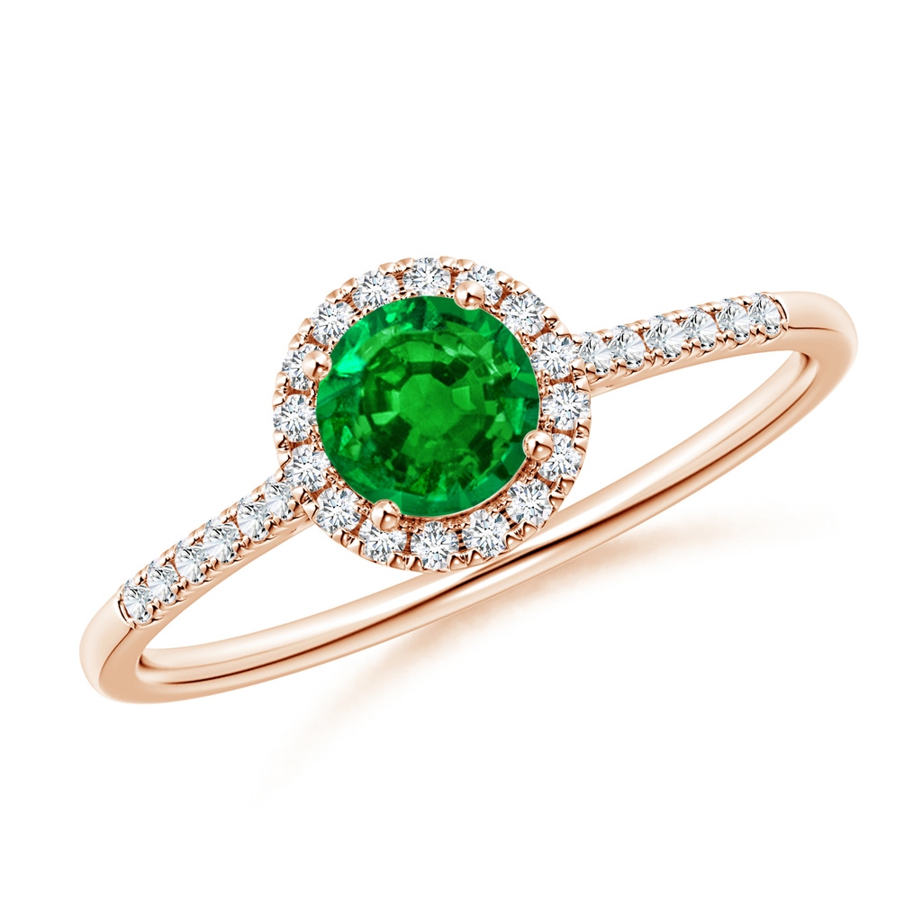 5mm AAAA Round Emerald Halo Ring with Diamond Accents in Rose Gold