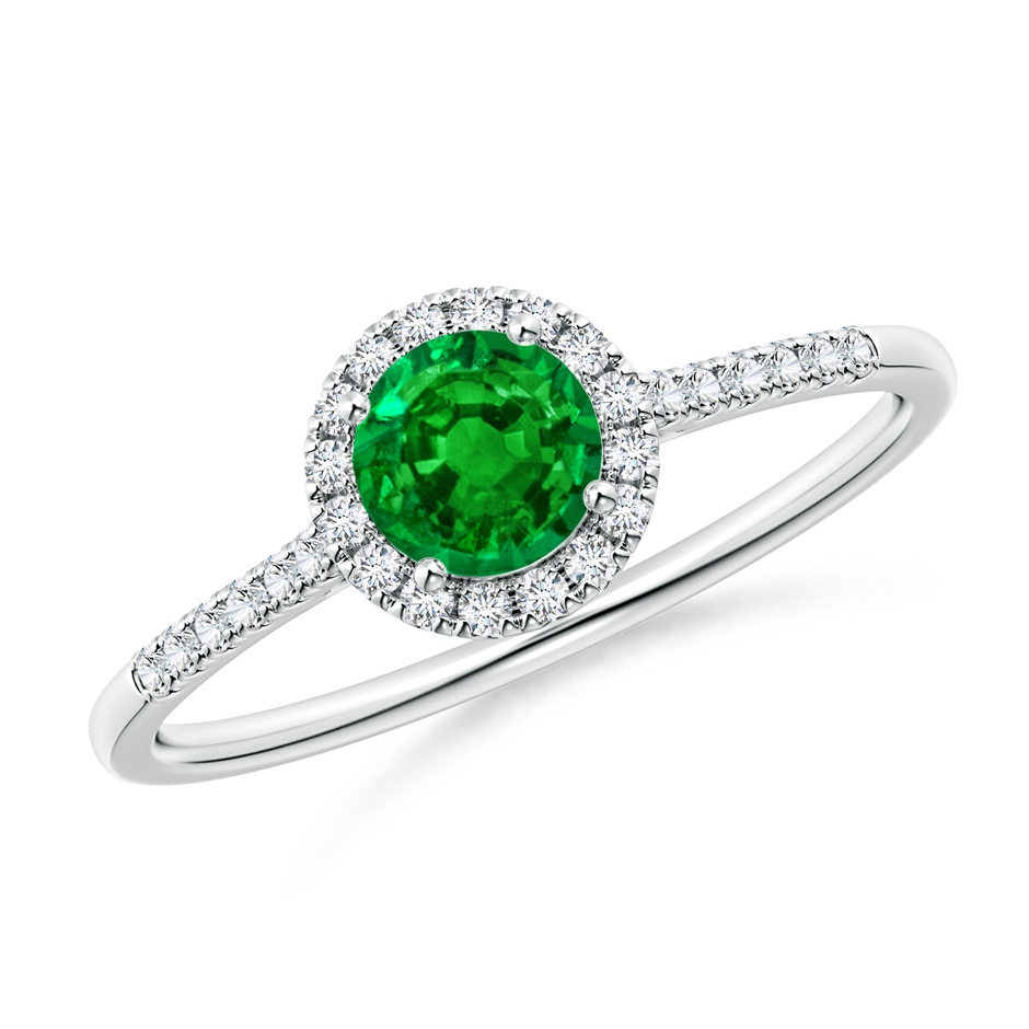 5mm AAAA Round Emerald Halo Ring with Diamond Accents in White Gold 