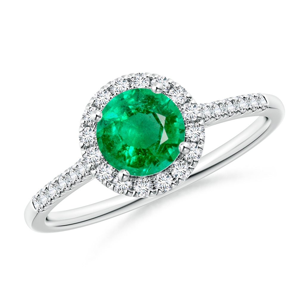 6mm AAA Round Emerald Halo Ring with Diamond Accents in White Gold