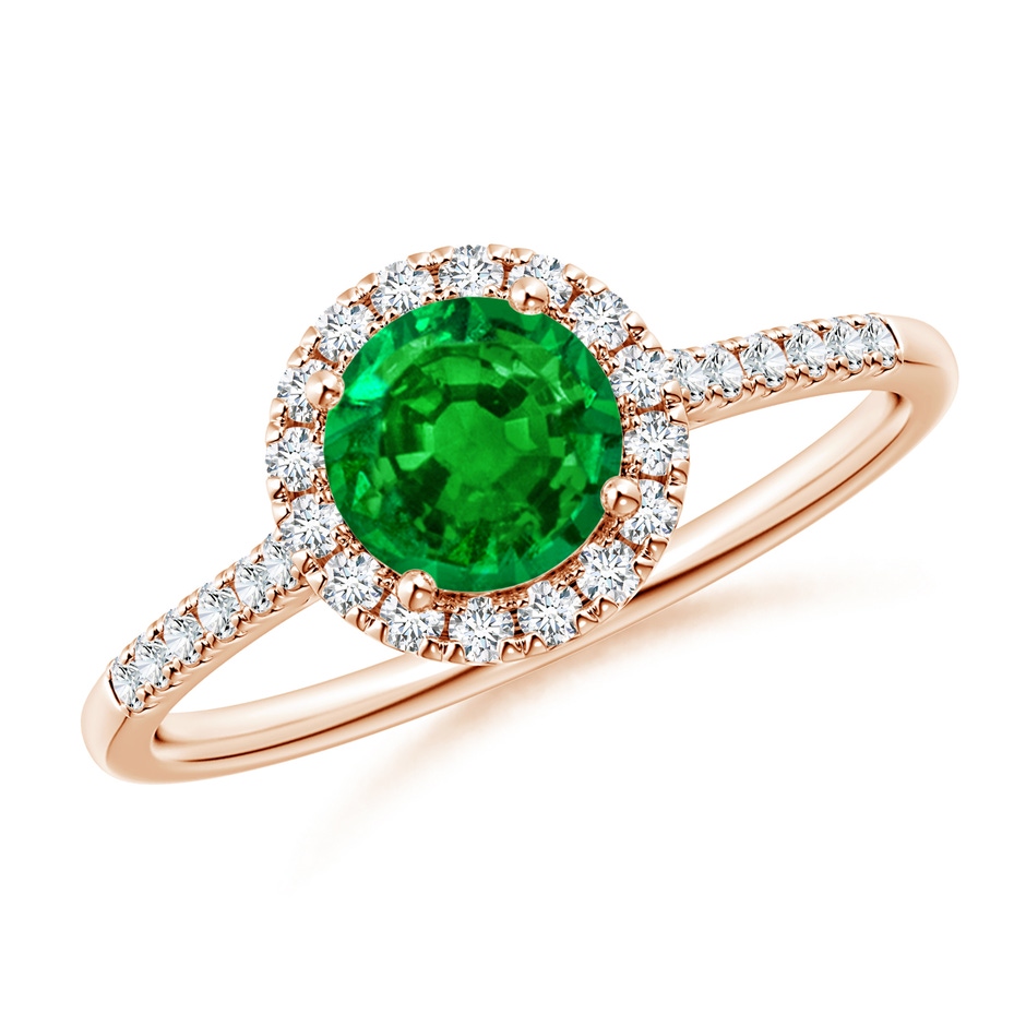 6mm Lab-Grown Round Emerald Halo Ring with Diamond Accents in Rose Gold 