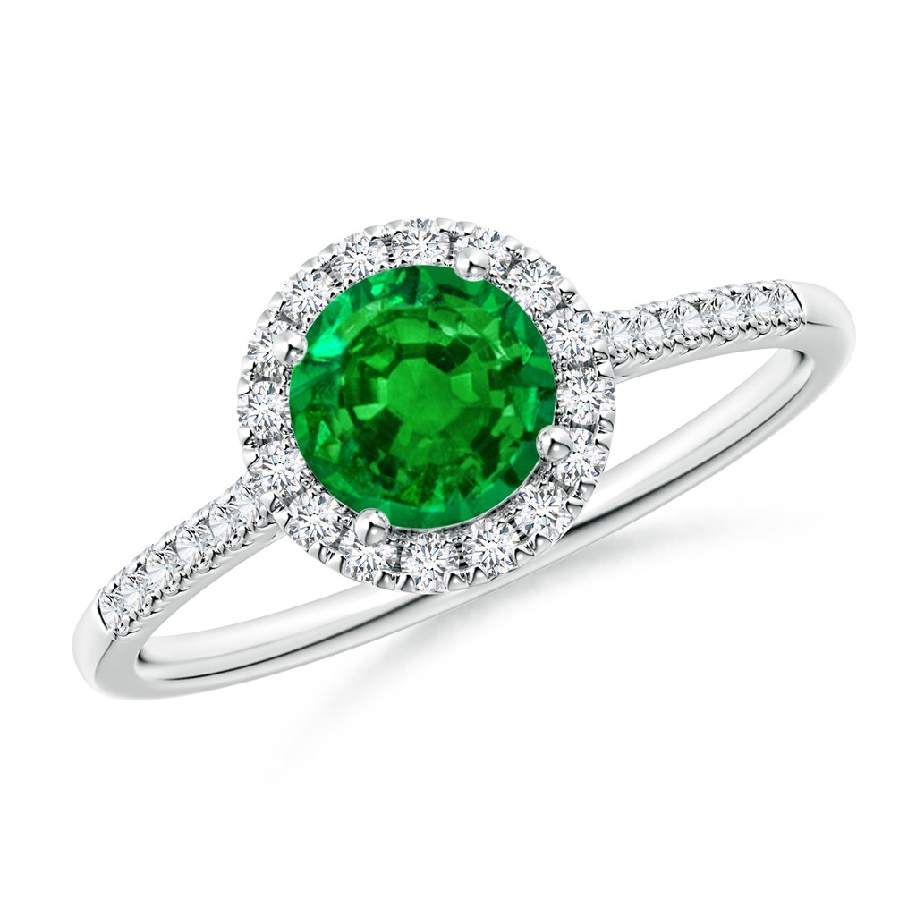 6mm AAAA Round Emerald Halo Ring with Diamond Accents in White Gold