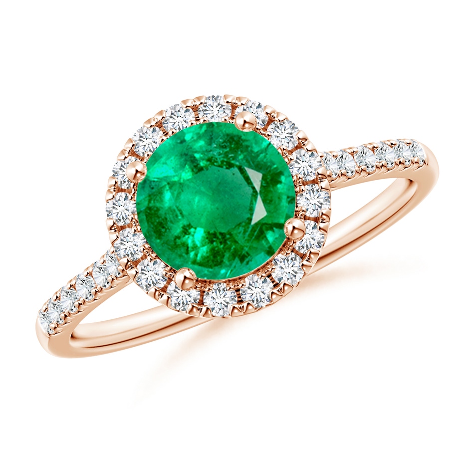 7mm AAA Round Emerald Halo Ring with Diamond Accents in Rose Gold 