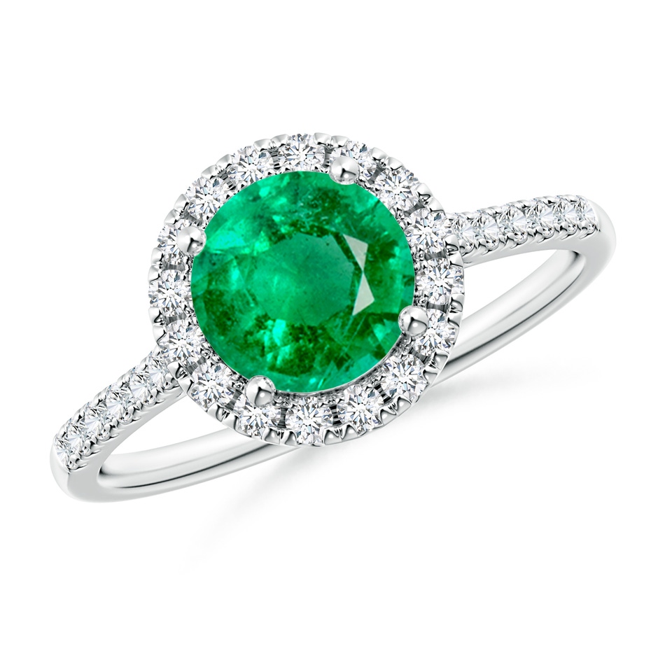 7mm AAA Round Emerald Halo Ring with Diamond Accents in White Gold 