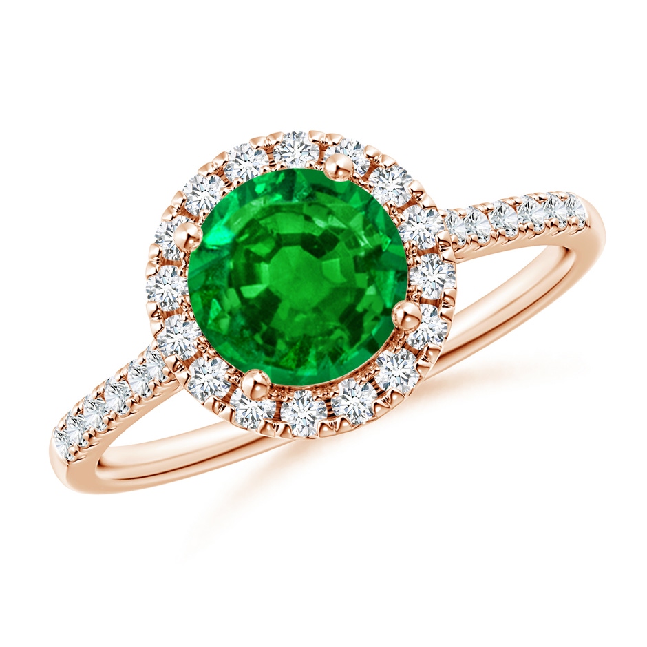 7mm AAAA Round Emerald Halo Ring with Diamond Accents in Rose Gold 