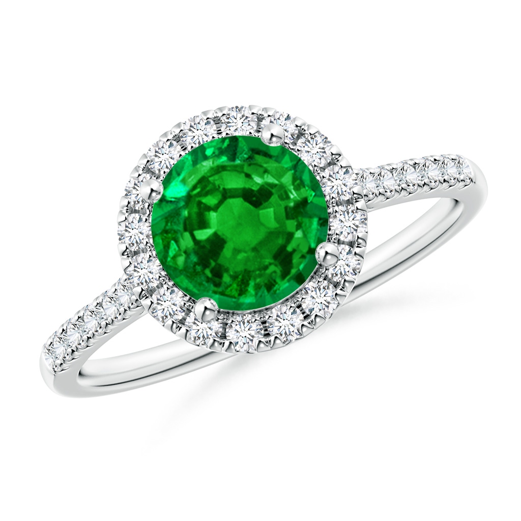 7mm Lab-Grown Round Emerald Halo Ring with Diamond Accents in White Gold