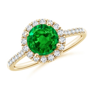7mm AAAA Round Emerald Halo Ring with Diamond Accents in Yellow Gold