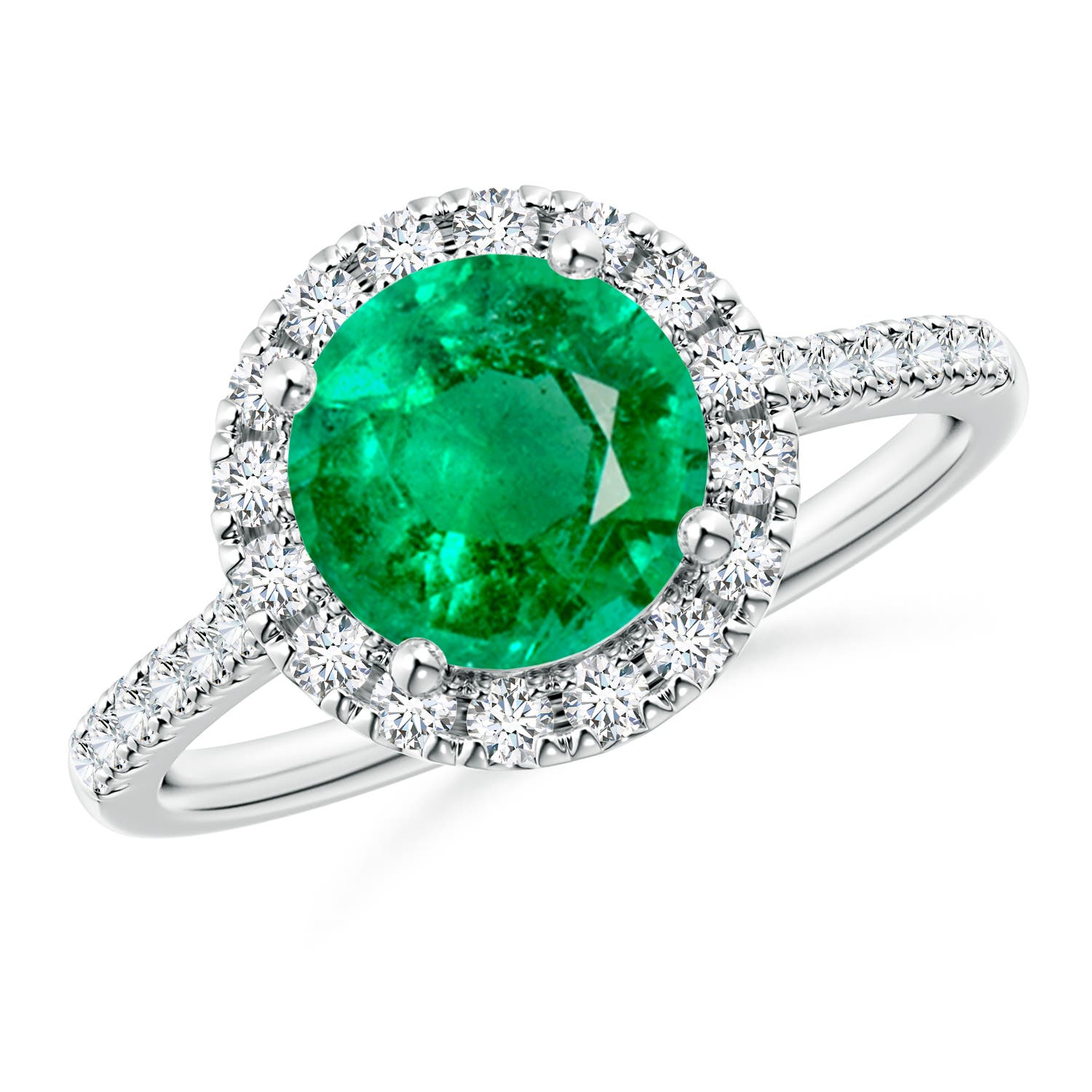8mm AAA Round Emerald Halo Ring with Diamond Accents in P950 Platinum