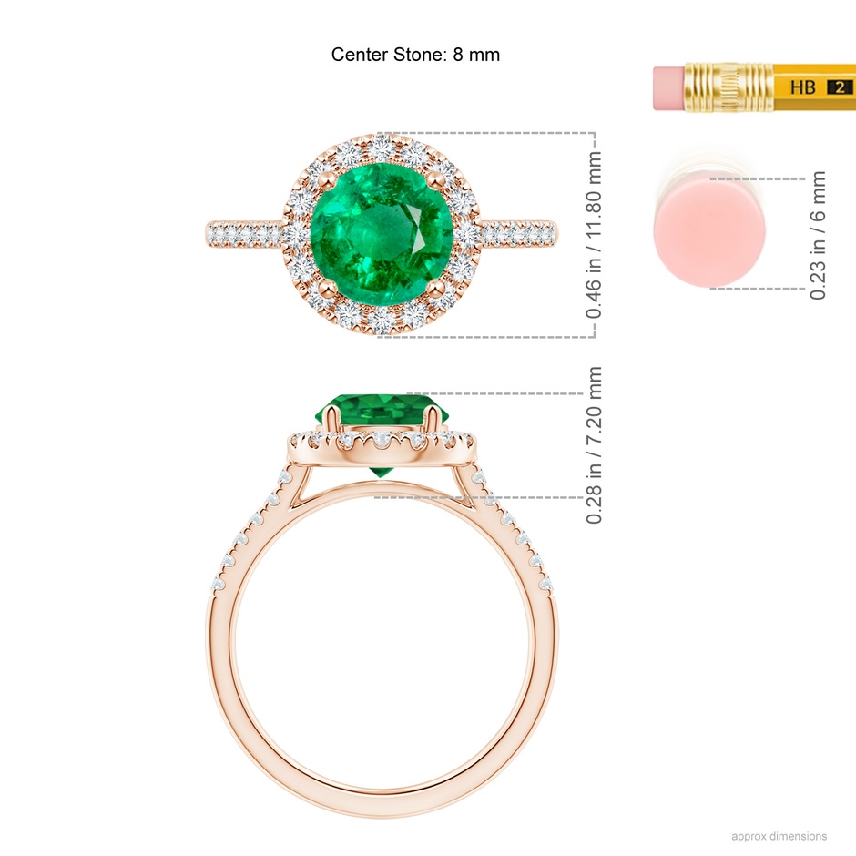 8mm AAA Round Emerald Halo Ring with Diamond Accents in Rose Gold ruler