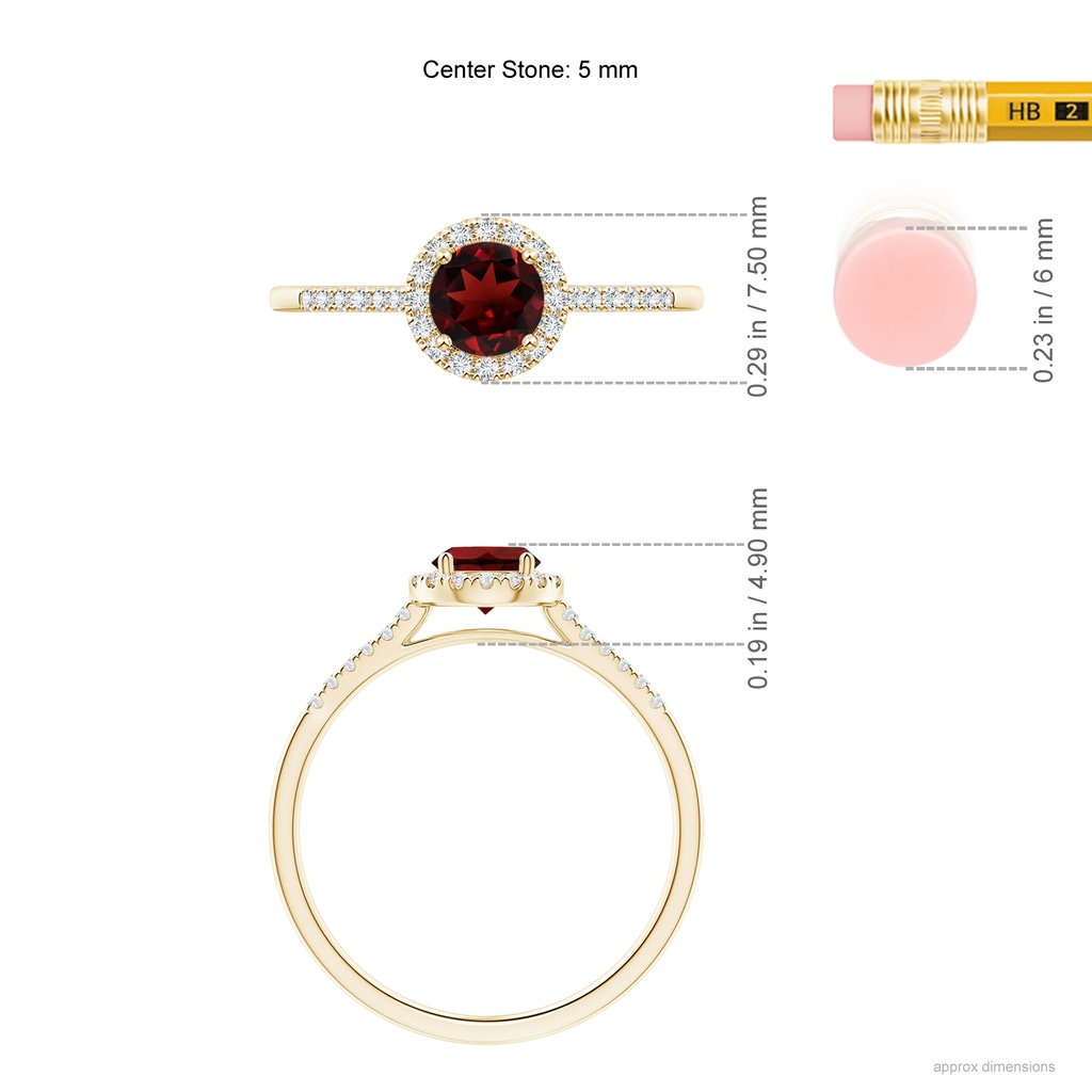 5mm AAA Round Garnet Halo Ring with Diamond Accents in Yellow Gold Ruler