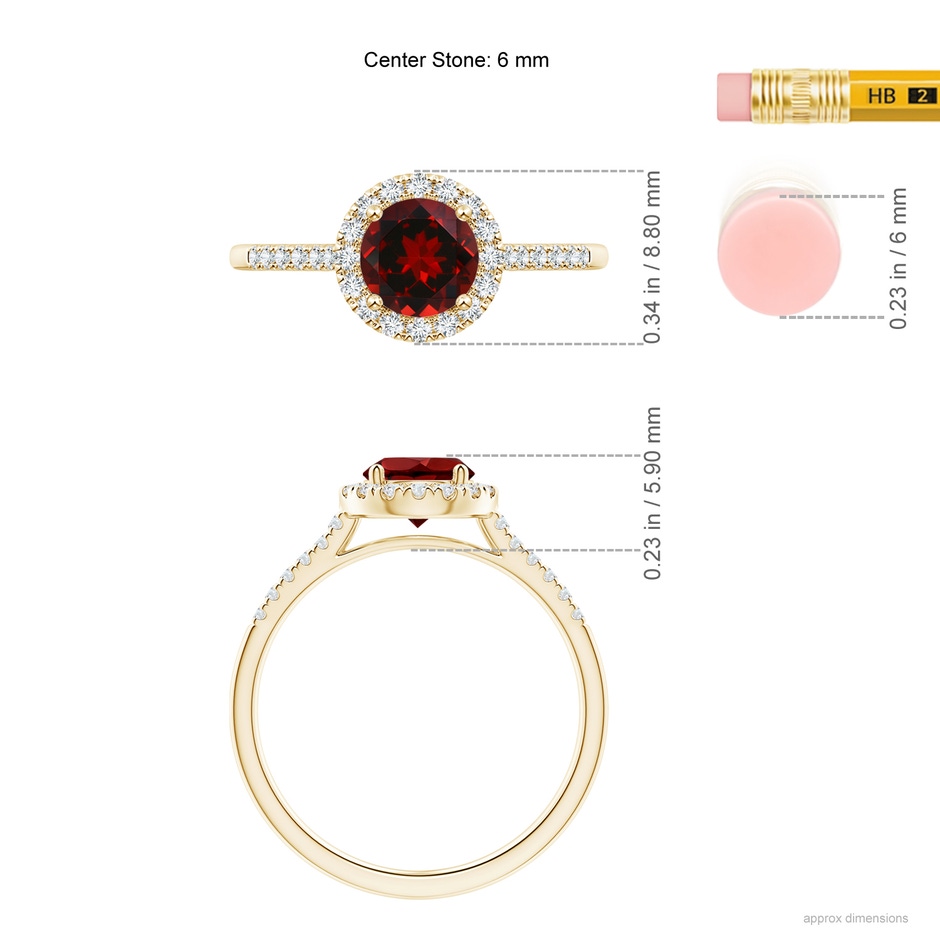 6mm AAAA Round Garnet Halo Ring with Diamond Accents in Yellow Gold ruler