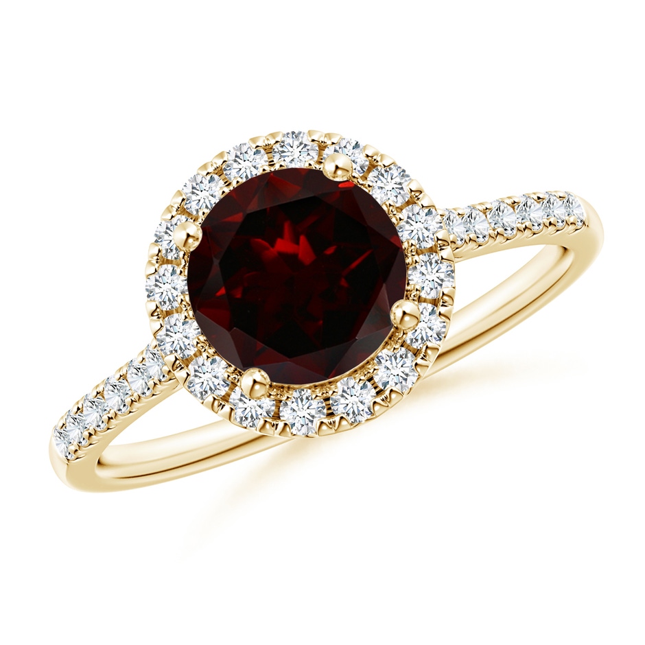 7mm A Round Garnet Halo Ring with Diamond Accents in Yellow Gold 