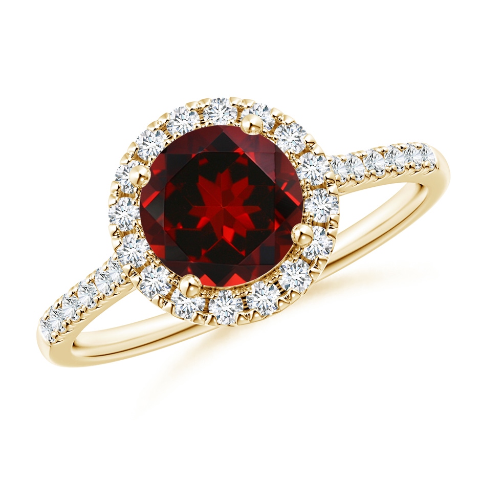 7mm AAAA Round Garnet Halo Ring with Diamond Accents in Yellow Gold 