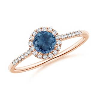 5mm A Round London Blue Topaz Halo Ring with Diamond Accents in Rose Gold