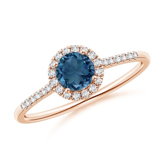 5mm AA Round London Blue Topaz Halo Ring with Diamond Accents in Rose Gold