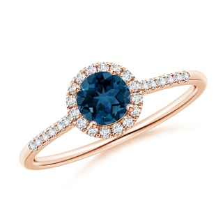 5mm AAA Round London Blue Topaz Halo Ring with Diamond Accents in 10K Rose Gold