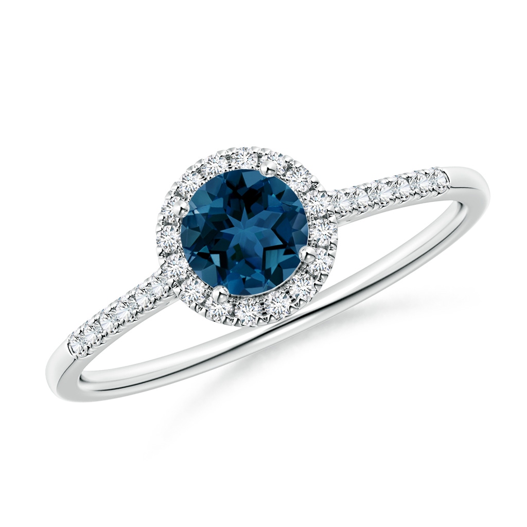 5mm AAA Round London Blue Topaz Halo Ring with Diamond Accents in White Gold