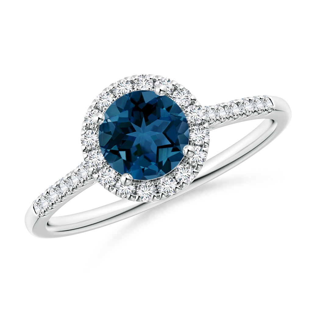 6mm AAA Round London Blue Topaz Halo Ring with Diamond Accents in White Gold