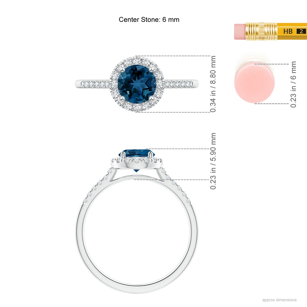6mm AAA Round London Blue Topaz Halo Ring with Diamond Accents in White Gold Ruler