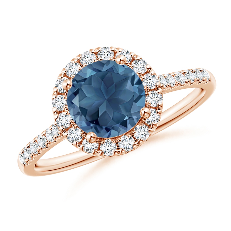 7mm A Round London Blue Topaz Halo Ring with Diamond Accents in Rose Gold 