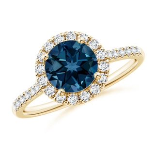 7mm AAAA Round London Blue Topaz Halo Ring with Diamond Accents in Yellow Gold