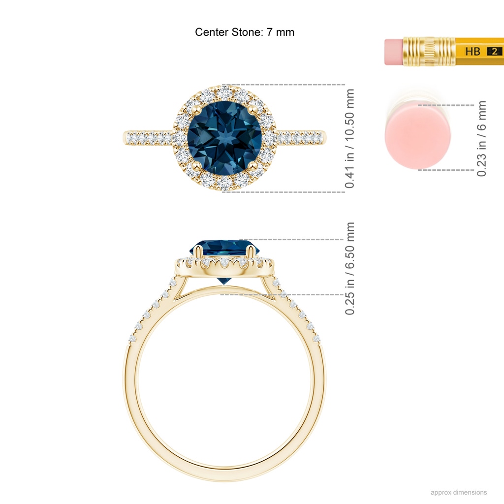 7mm AAAA Round London Blue Topaz Halo Ring with Diamond Accents in Yellow Gold Ruler