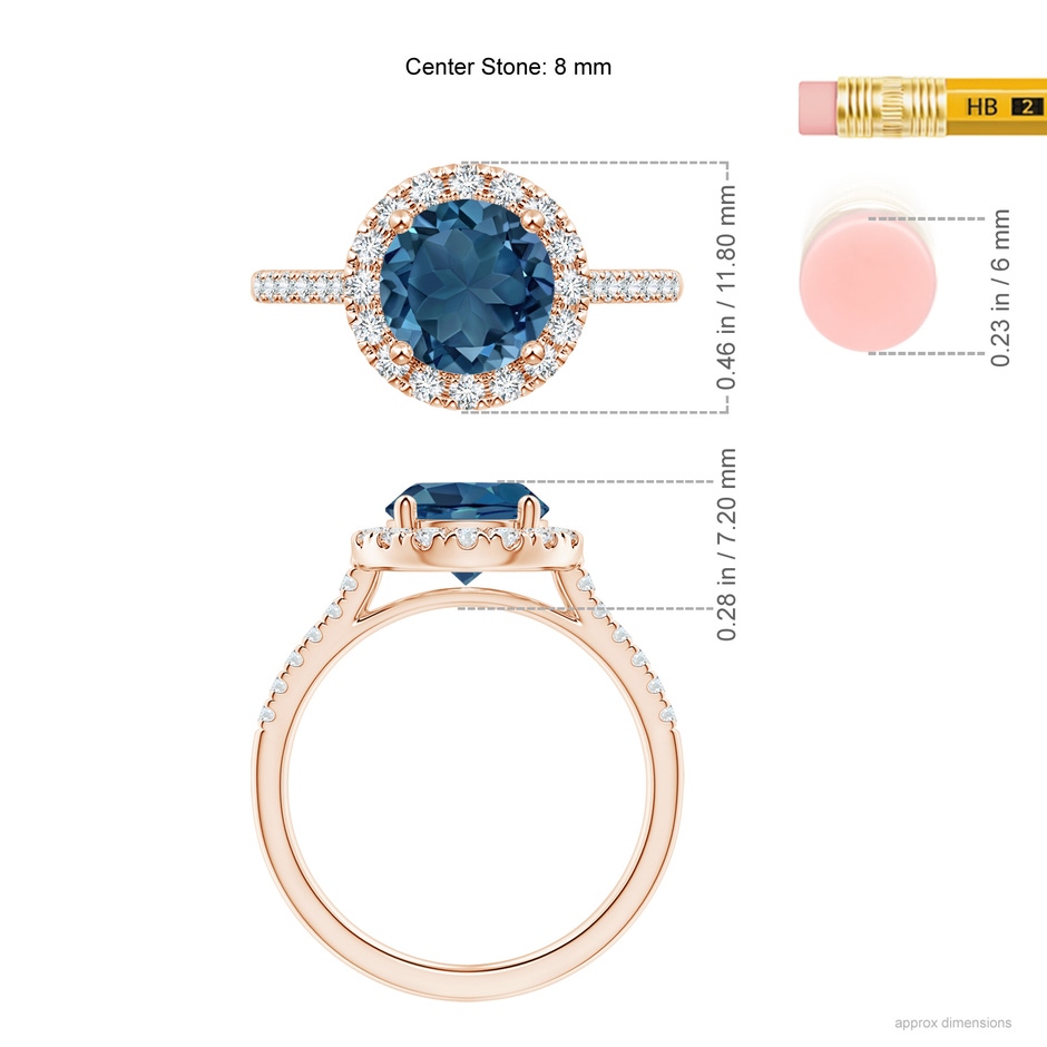 8mm AA Round London Blue Topaz Halo Ring with Diamond Accents in Rose Gold ruler