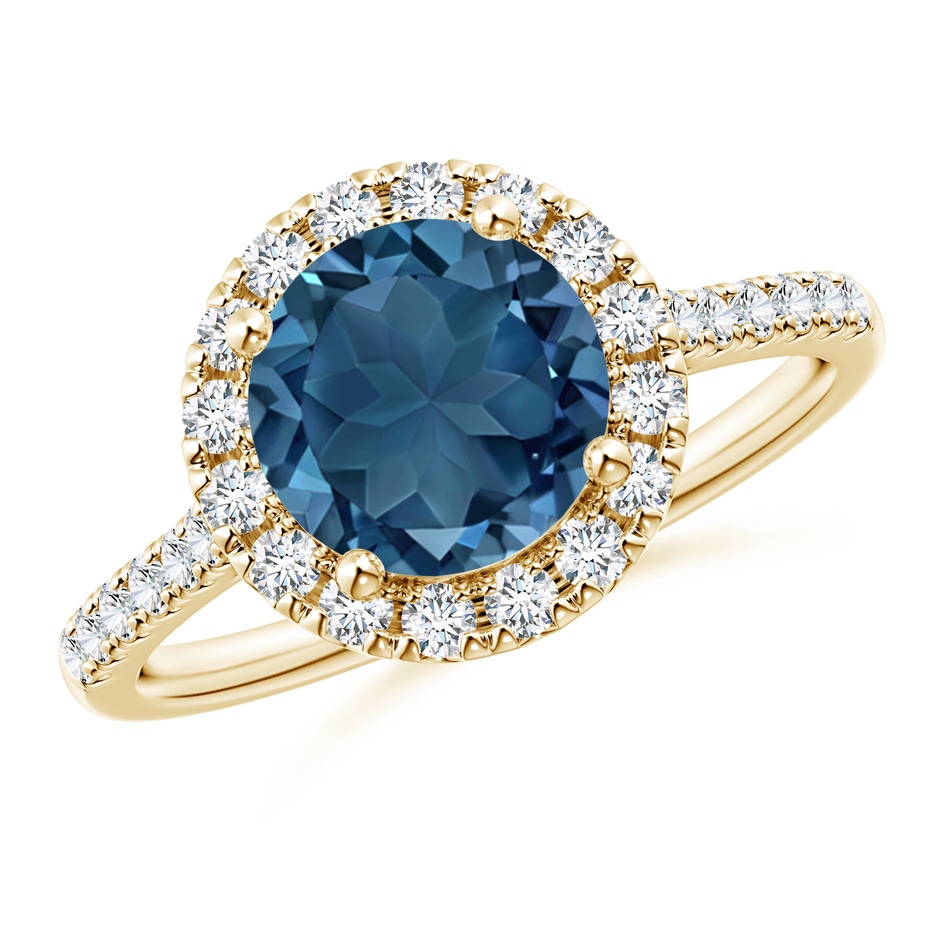 8mm AA Round London Blue Topaz Halo Ring with Diamond Accents in Yellow Gold 
